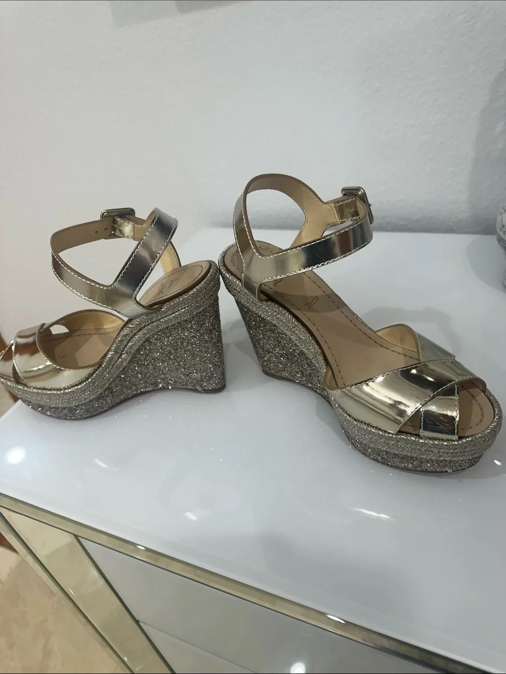 Christian Louboutin Metallic Gold Wedge Sandals with Ankle Strap